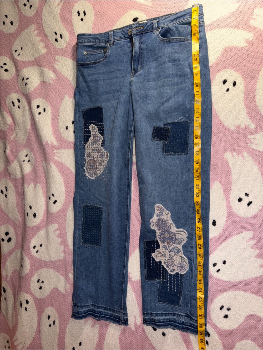 Coldwater Creek Women's Blue Patchwork embroidered straight leg Jeans
